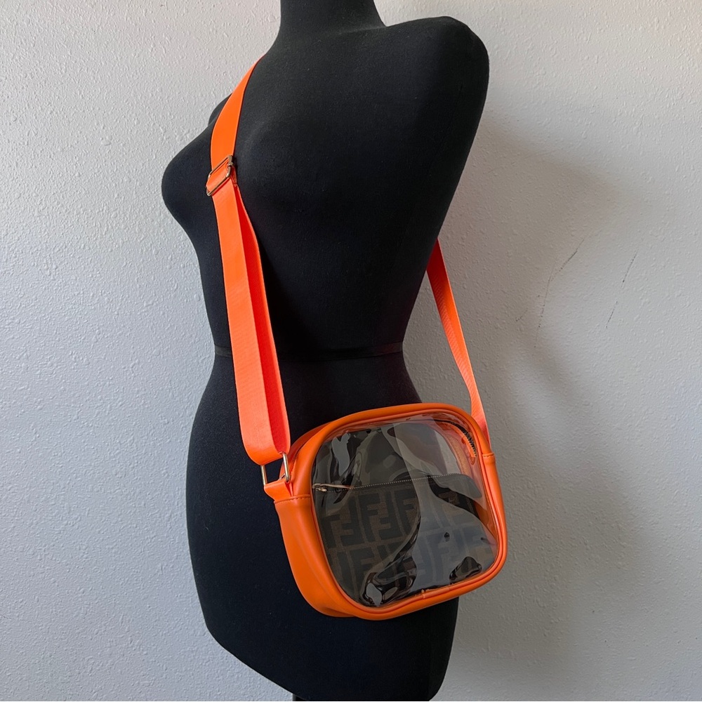 Boxy Clear Jelly Shoulder Crossbody Bag w/ Leather Trim in Neon Orange - Picture 6 of 6